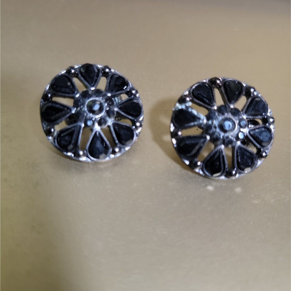 Vintage Black Rhinestone Cluster Clip On Earrings Costume Jewelry Earring 🖤